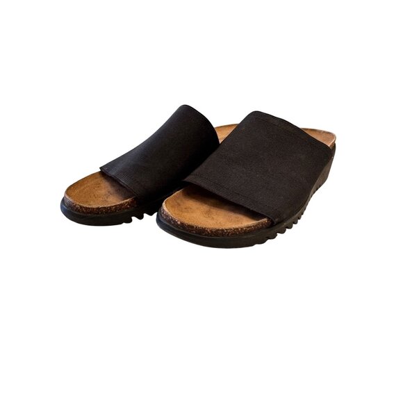 Via Nature Stretch Black Slip on Sandal SIze 7 EU Cork Suede Instep Wedge - Picture 8 of 9